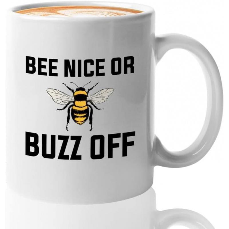 Tailorly White Ceramic 11 oz Mug - Bee Nice Or Buzz Off Detailed Black And Yellow Honeybee Flying Through The Gentle Summer Air Bee