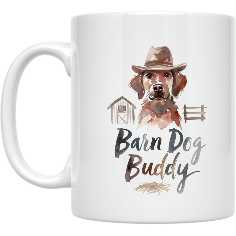 Tailorly White Ceramic 11 oz Mug - Barn Dog Buddy Watercolor Countryside Theme With Barn And Fence Surrounding A Farm Dog