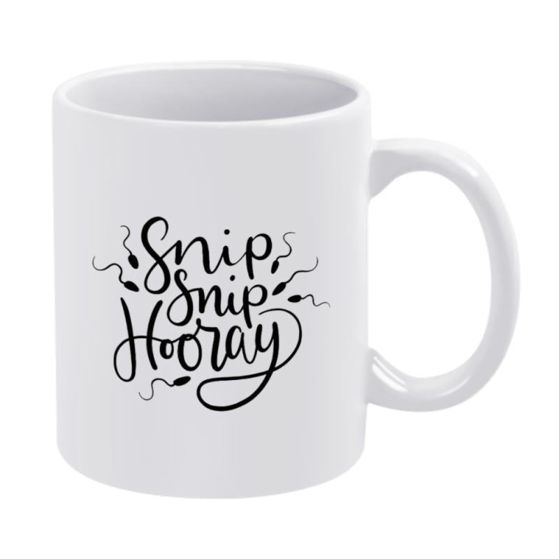 Tailorly White Ceramic 11 oz Mug - Snip Snip Hooray Playful Cartoon Sperm Swimming Among Hand Lettered Decorative Script Design