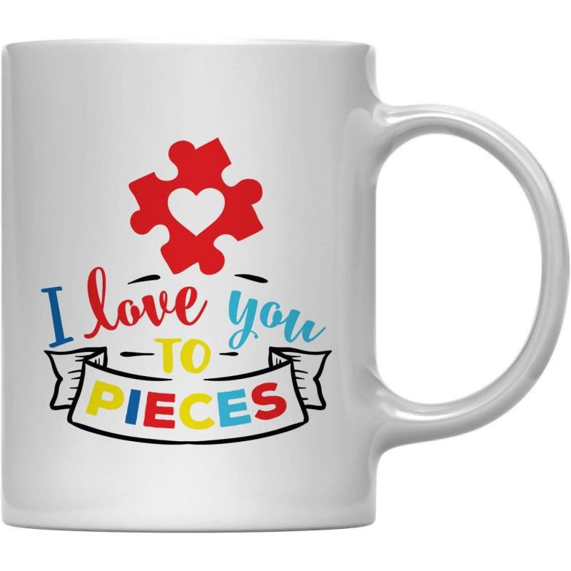 Tailorly White Ceramic 11 oz Mug - I Love You To Pieces Red Jigsaw Element With Heart Above Multi Colored Banner Ribbon Puzzle Piece