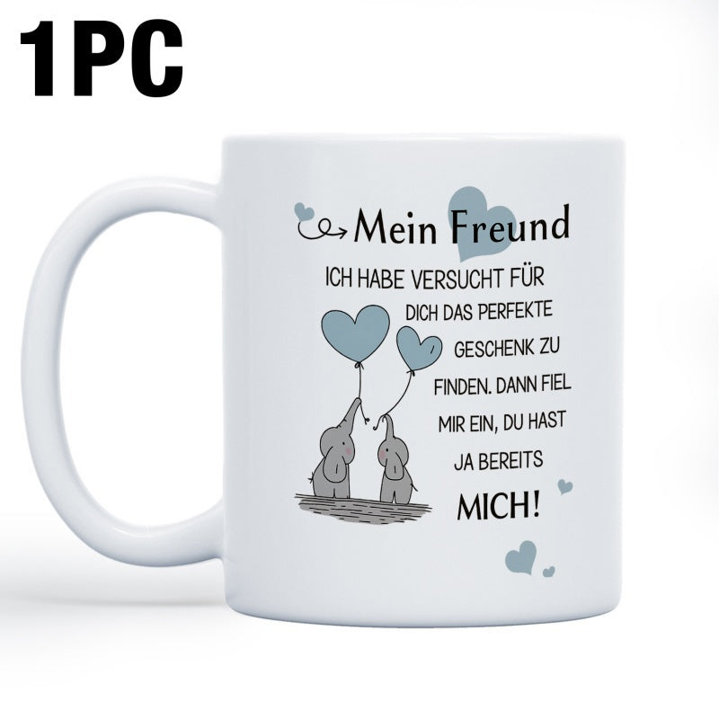 Tailorly White Ceramic 11 oz Mug - Adorable Pair Of Small Elephants Holding Heart Shaped Balloons Under Floating Hearts Elephant