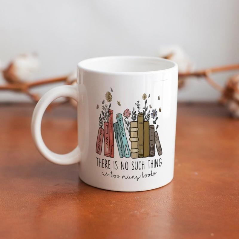 Tailorly White Ceramic 11 oz Mug - There Is No Such Thing As Too Many Books Colorful Stacked Literature With Delicate Wildflowers Growing Between The Pages Books