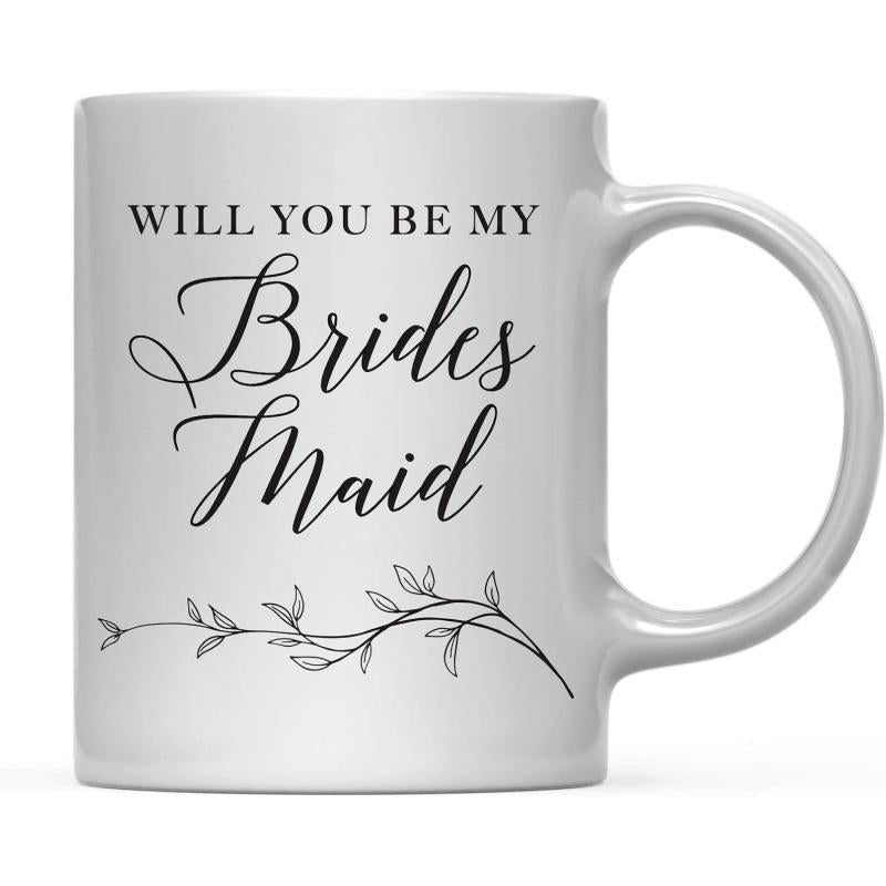 Tailorly White Ceramic 11 oz Mug - Will You Be My Bridesmaid Elegant Script Text With Minimalist Delicate Black Foliage Vine Mug
