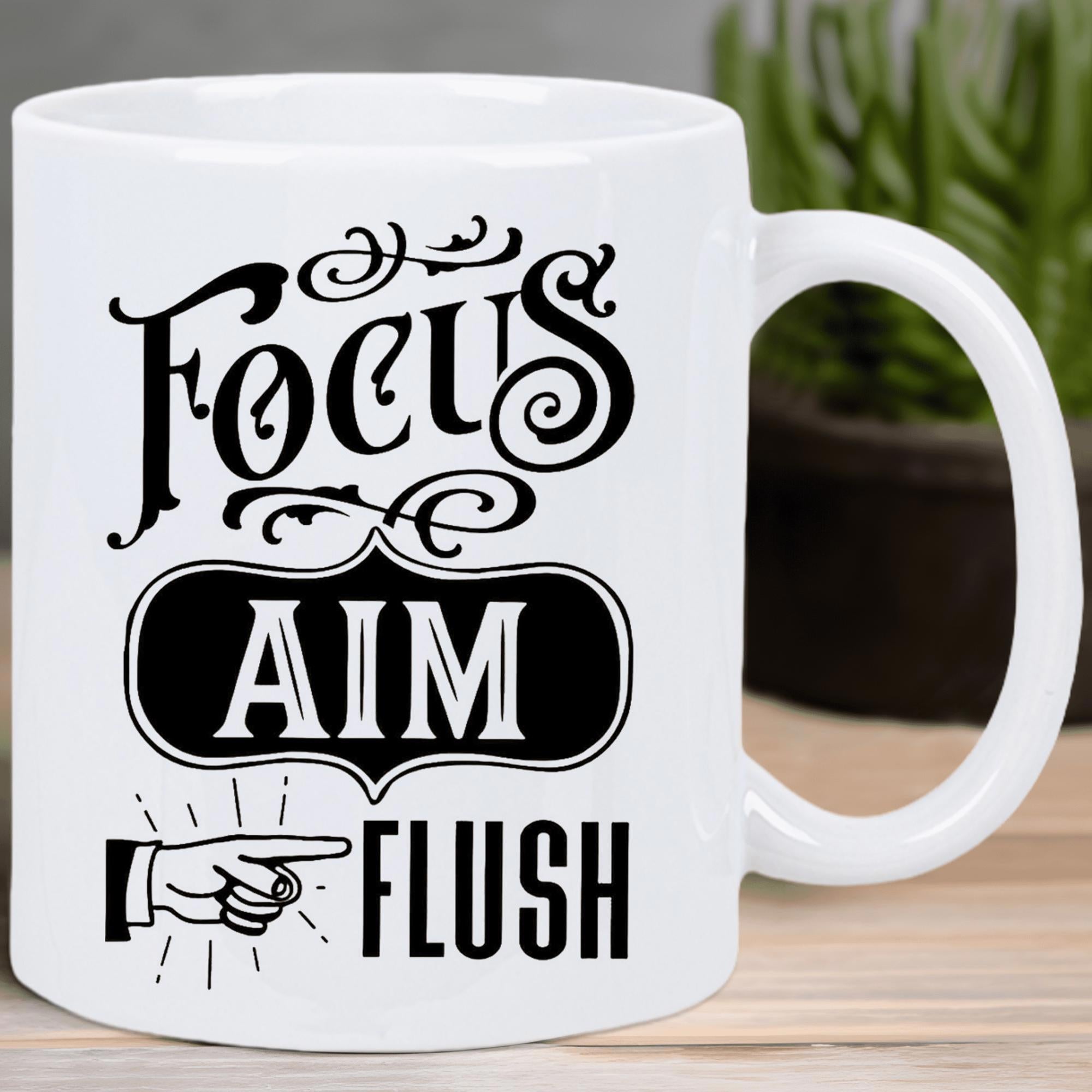 Tailorly White Ceramic 11 oz Mug - Focus Aim Flush Humorous Bathroom Typography With Decorative Swirls And Pointing Design