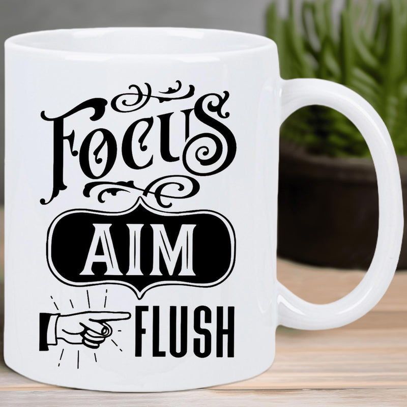 Tailorly White Ceramic 11 oz Mug - Focus Aim Flush Humorous Bathroom Typography With Decorative Swirls And Pointing Design