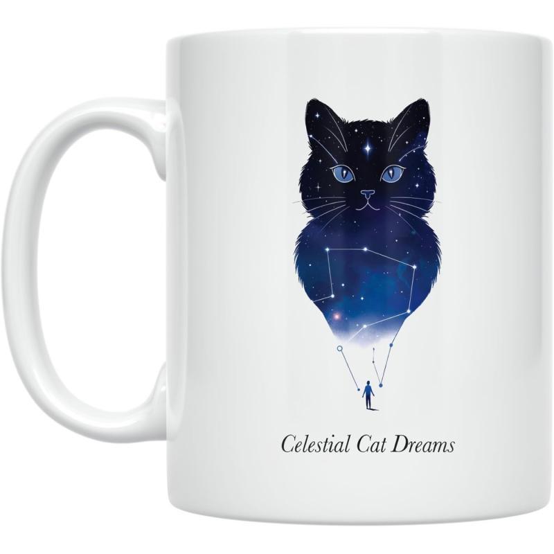 Tailorly White Ceramic 11 oz Mug - Celestial Cat Dreams Mystical Galaxy Pattern With Glowing Stars And Constellation Inside A Serene Silhouette Cat