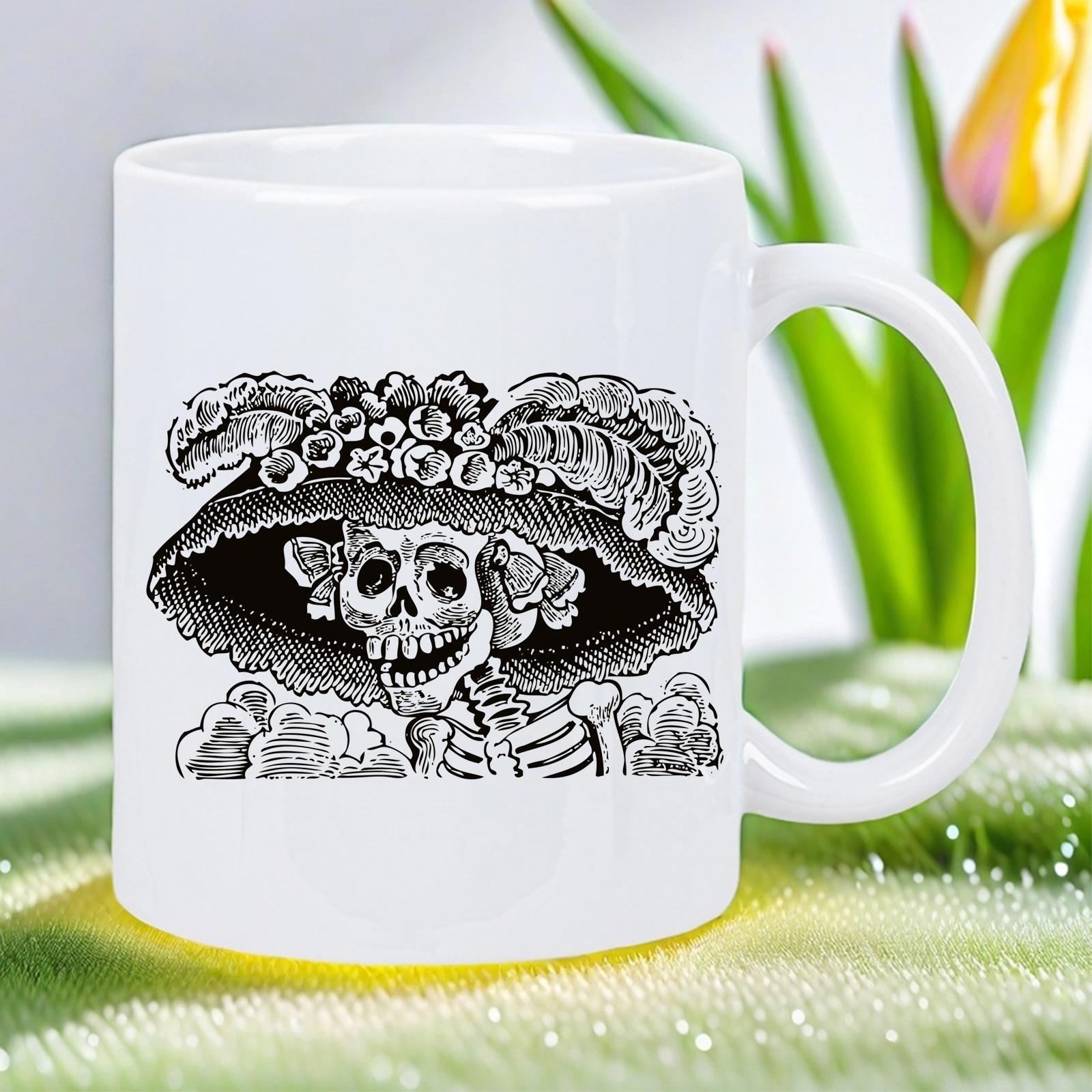 Tailorly White Ceramic 11 oz Mug - Ornate Wide Brimmed Hat Decorated With Feathers And Flowers On A Grinning Skeleton