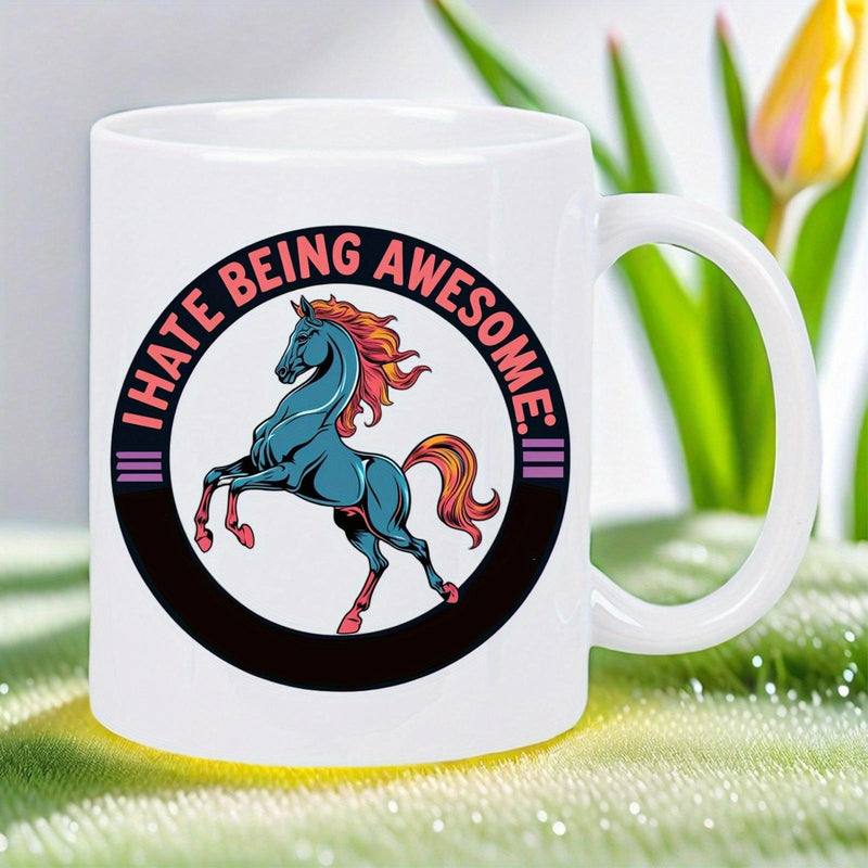 Tailorly White Ceramic 11 oz Mug - I Hate Being Awesome Majestic Rearing Blue Stallion With Fiery Orange Mane Within Circular Frame Horse