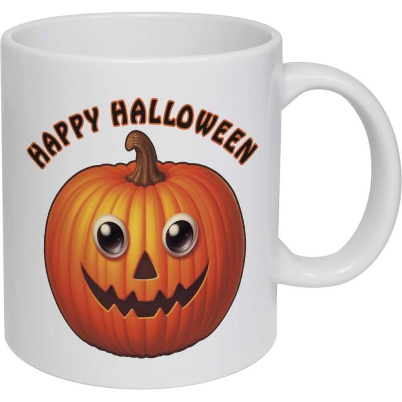 Tailorly White Ceramic 11 oz Mug - Happy Halloween Smiling Orange Jack O Lantern With Friendly Eyes Seasonal Pumpkin