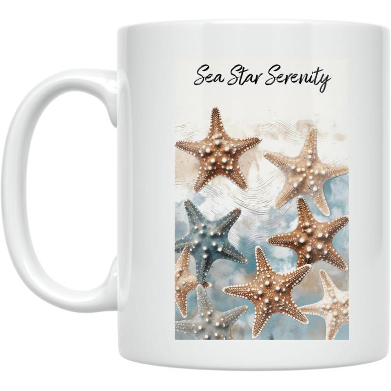 Tailorly White Ceramic 11 oz Mug - Sea Star Serenity Several Colorful Textured Resting Gently Among Soft Coastal Ocean Waves Starfish