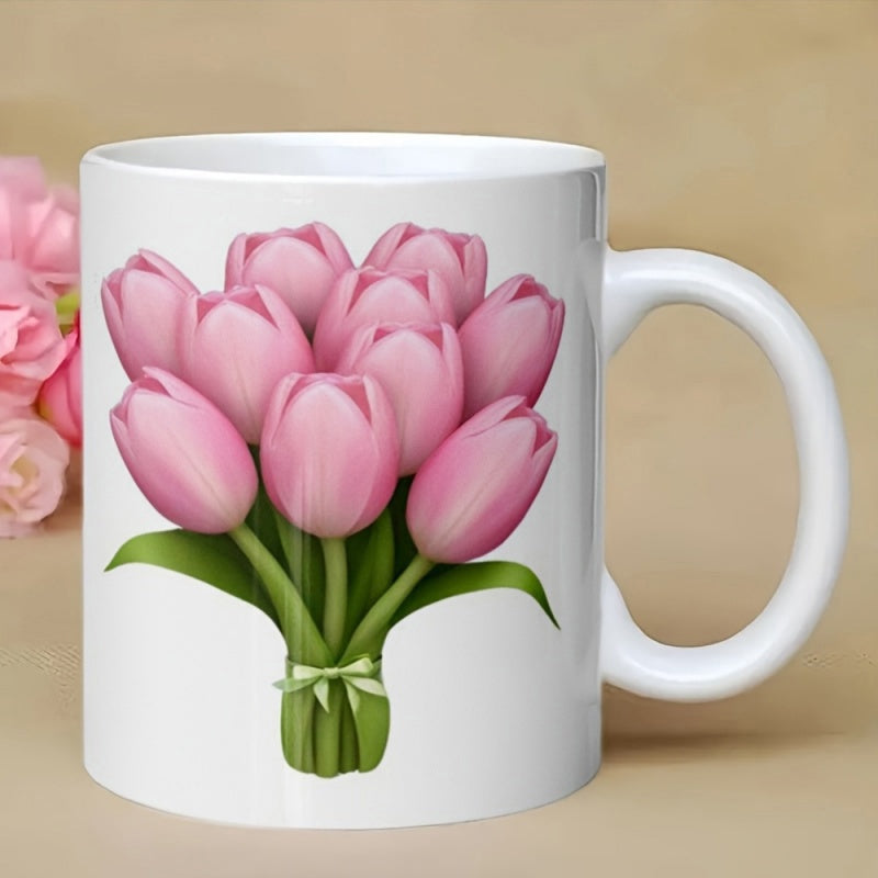 Tailorly White Ceramic 11 oz Mug - Elegant Pink Tulips Bouquet Tied With A Delicate Green Ribbon Tulip
