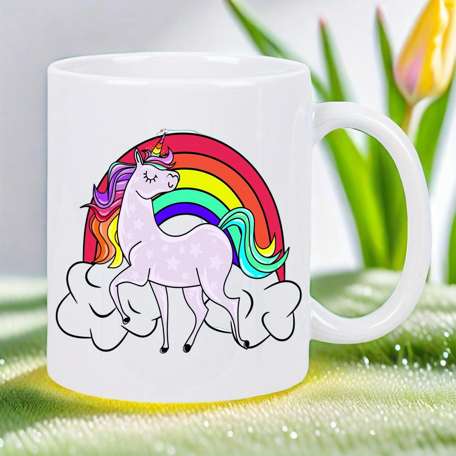 Tailorly White Ceramic 11 oz Mug - Magical Mythical Creature Standing On Clouds With Colorful Vibrant Rainbow Unicorn
