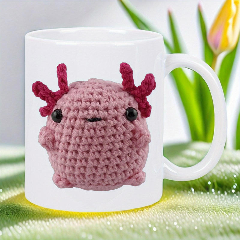 Tailorly White Ceramic 11 oz Mug - Adorable Handcrafted Pink Crochet Style Featuring A Charming And Soft Round Axolotl