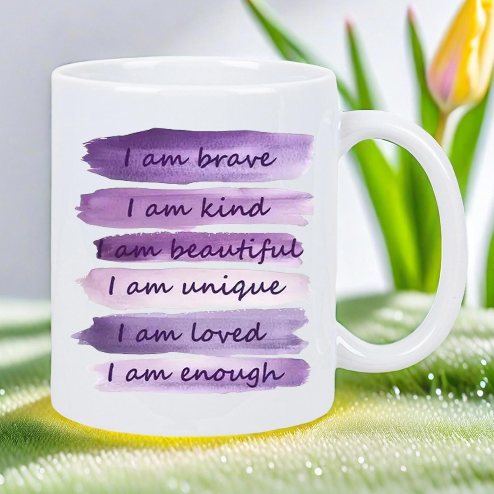 Tailorly White Ceramic 11 oz Mug - I Am Brave I Am Kind I Am Beautiful I Am Unique I Am Loved I Am Enough Elegant Purple Watercolor Brushstroke Stripes Featuring