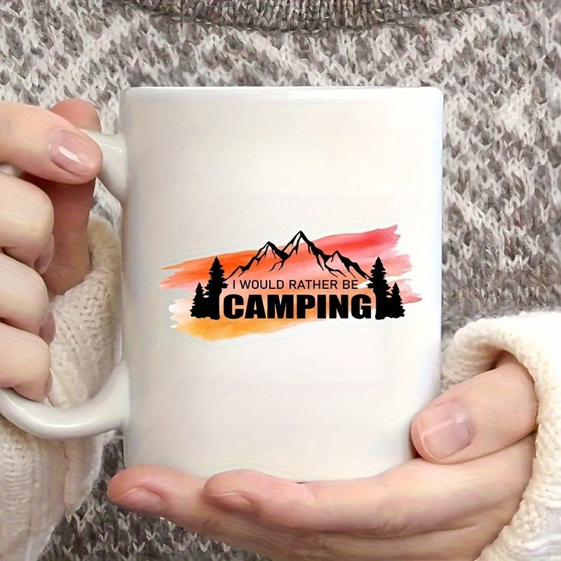 Tailorly White Ceramic 11 oz Mug - I Would Rather Be Camping Rugged Mountain Peaks With Pine Trees Over Warm Watercolor Sunset Background Mountain