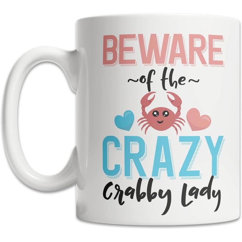Tailorly White Ceramic 11 oz Mug - Beware Of The Crazy Crabby Lady Cute Cartoon Crab Featuring Blue And Pink Heart Shapes On Mug