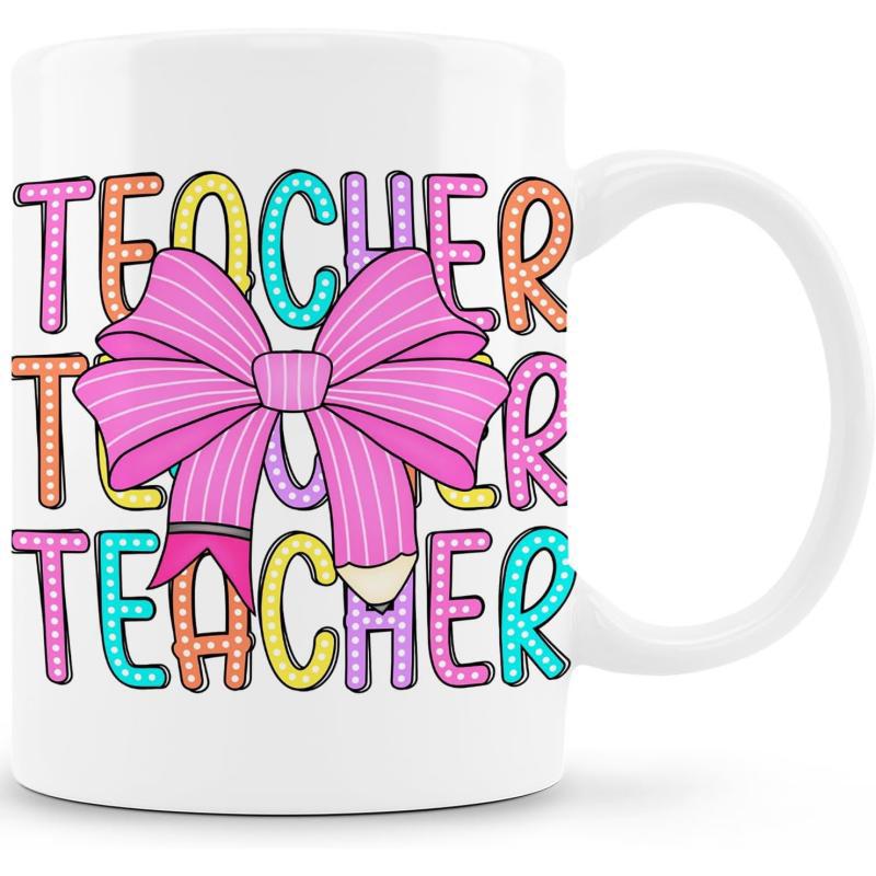 Tailorly White Ceramic 11 oz Mug - Teacher Vibrant Patterned Typography Featuring Large Decorative Pink Pencil Graphic Bow