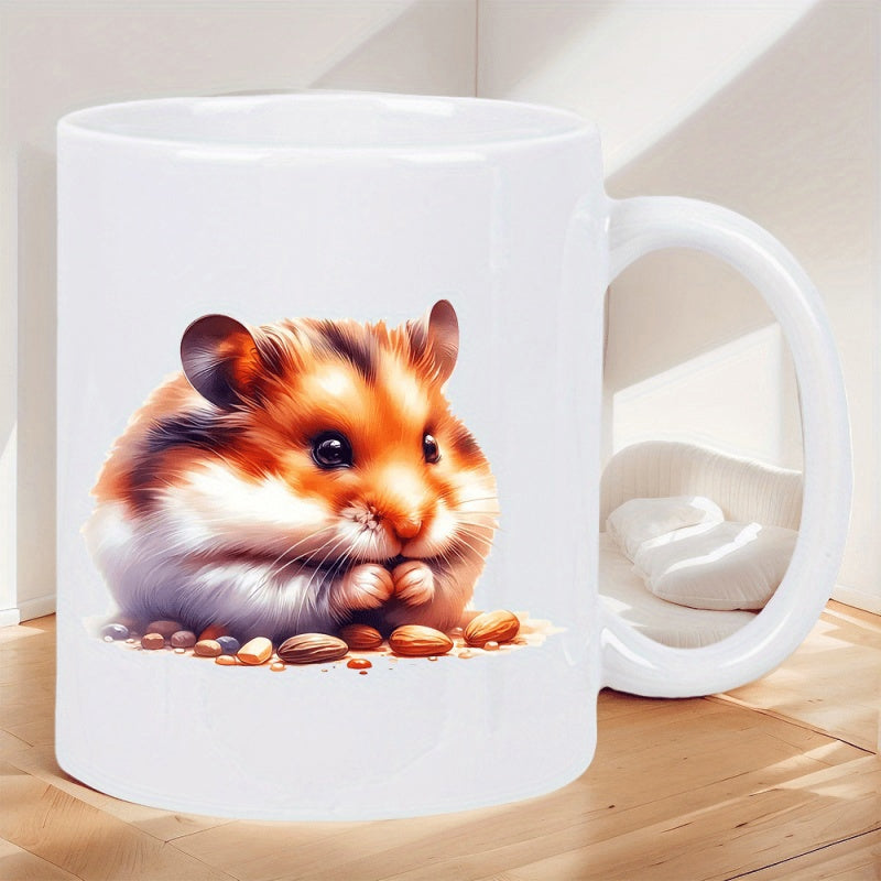 Tailorly White Ceramic 11 oz Mug - Adorable Fluffy Brown Hamster Eating Seeds Sitting In A Bright Sunny Scene Hamster