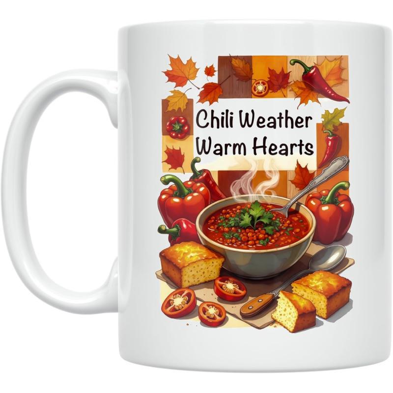 Tailorly White Ceramic 11 oz Mug - Chili Weather Warm Hearts Steaming Savory Soup Among Colorful Autumn Leaves And Red Peppers Bowl