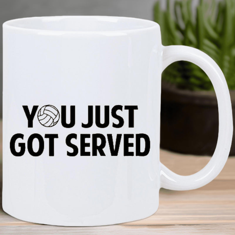 Tailorly White Ceramic 11 oz Mug - You Just Got Served Minimalist Athletic Design Featuring A Classic Volleyball Icon Within Bold Text Volleyball