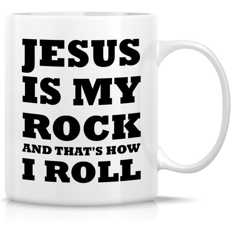 Tailorly White Ceramic 11 oz Mug - Jesus Is My Rock And Thats How I Roll Bold Minimalist Typography With Religious Faith Message And Christian Slogan