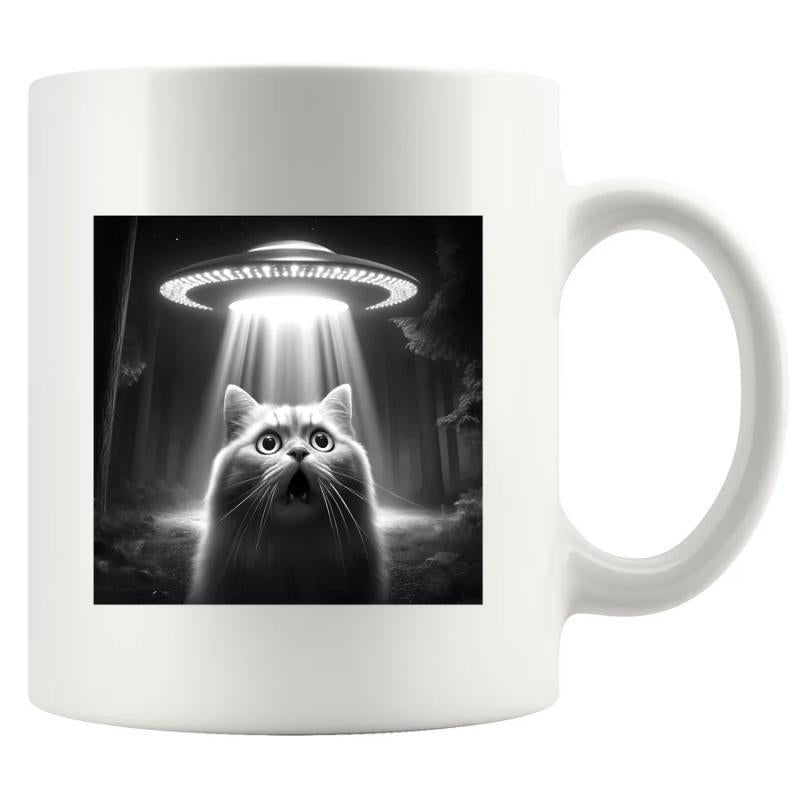 Tailorly White Ceramic 11 oz Mug - Surprised Feline Staring Up At Glowing Light From Hovering Alien Spaceship Cat