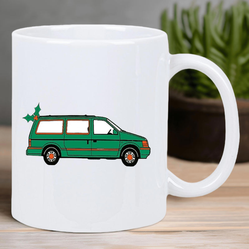 Tailorly White Ceramic 11 oz Mug - Classic Green Minivan Decorated With Festive Holly Leaves For Christmas Season Van