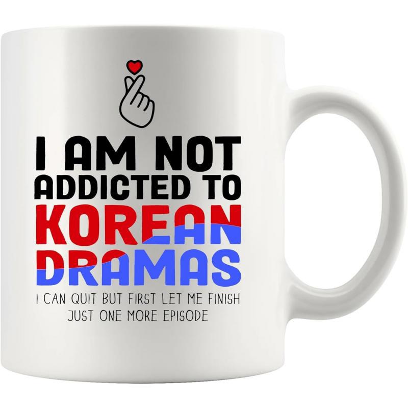 Tailorly White Ceramic 11 oz Mug - I Am Not Addicted To Korean Dramas I Can Quit But First Let Me Finish Just One More Episode Minimalist Line Art Finger Heart