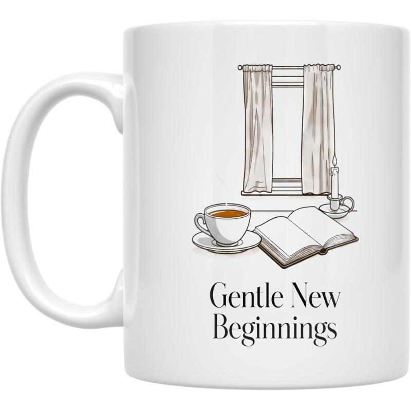 Tailorly White Ceramic 11 oz Mug - Gentle New Beginnings Cozy Morning Scene With Teacup And Open Book Under Window