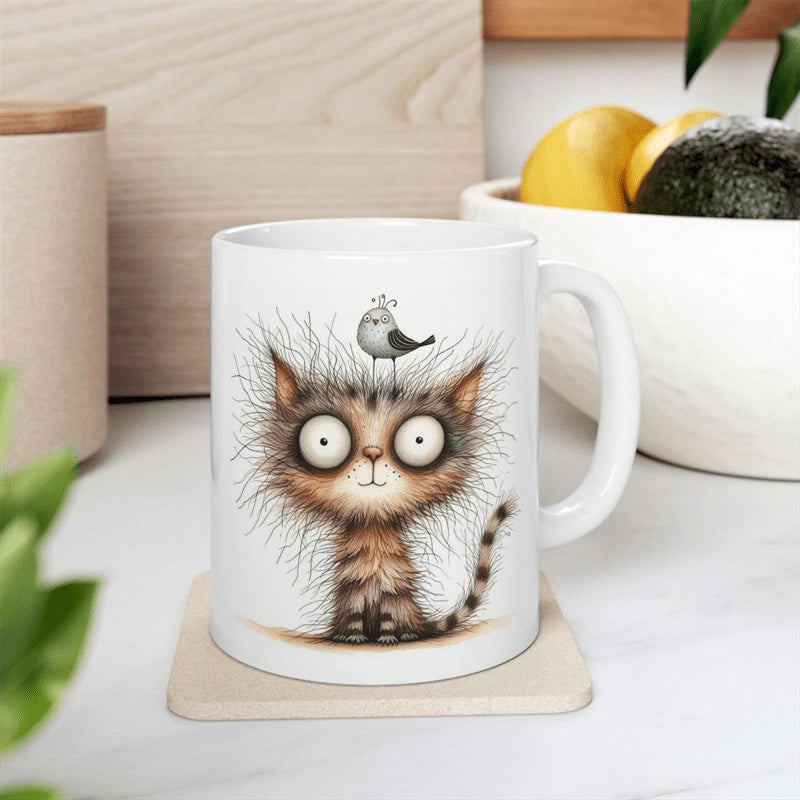 Tailorly White Ceramic 11 oz Mug - Surprised Cartoon Kitten With Messy Hair And Small Perched Bird Cat