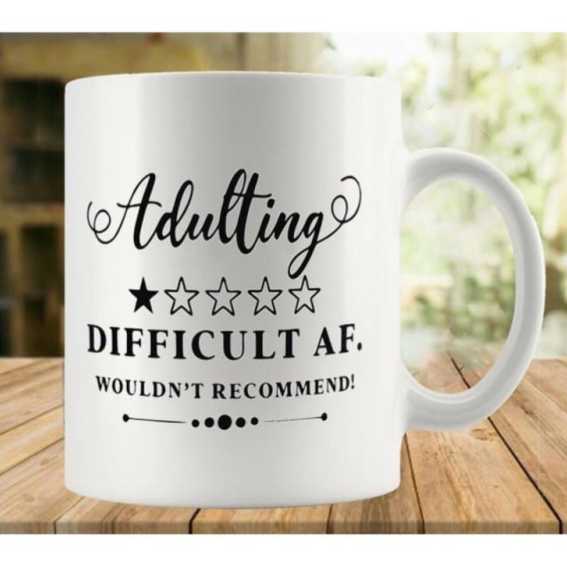 Tailorly White Ceramic 11 oz Mug - Adulting Difficult AF Wouldn't Recommend Minimalist Black Text With Stars On Glossy