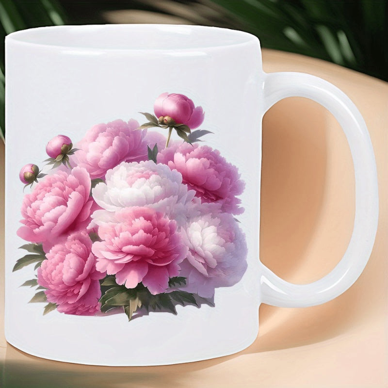 Tailorly White Ceramic 11 oz Mug - Beautiful Pink And White Peony Bouquet With Lush Green Leaves Flower