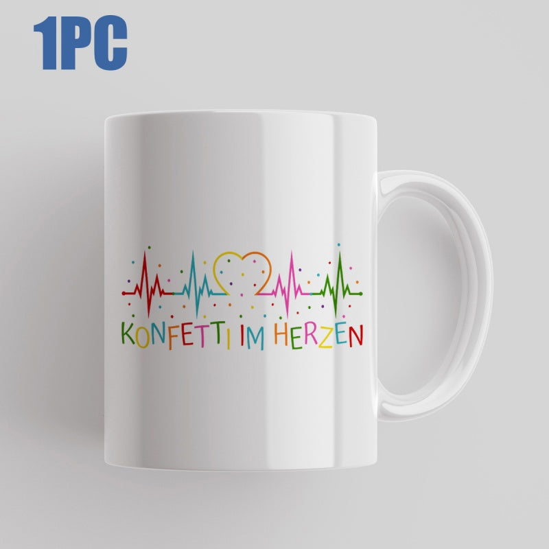 Tailorly White Ceramic 11 oz Mug - Vibrant Multi Colored Pulse Line With Tiny Confetti Dots Surrounding Heart Heartbeat