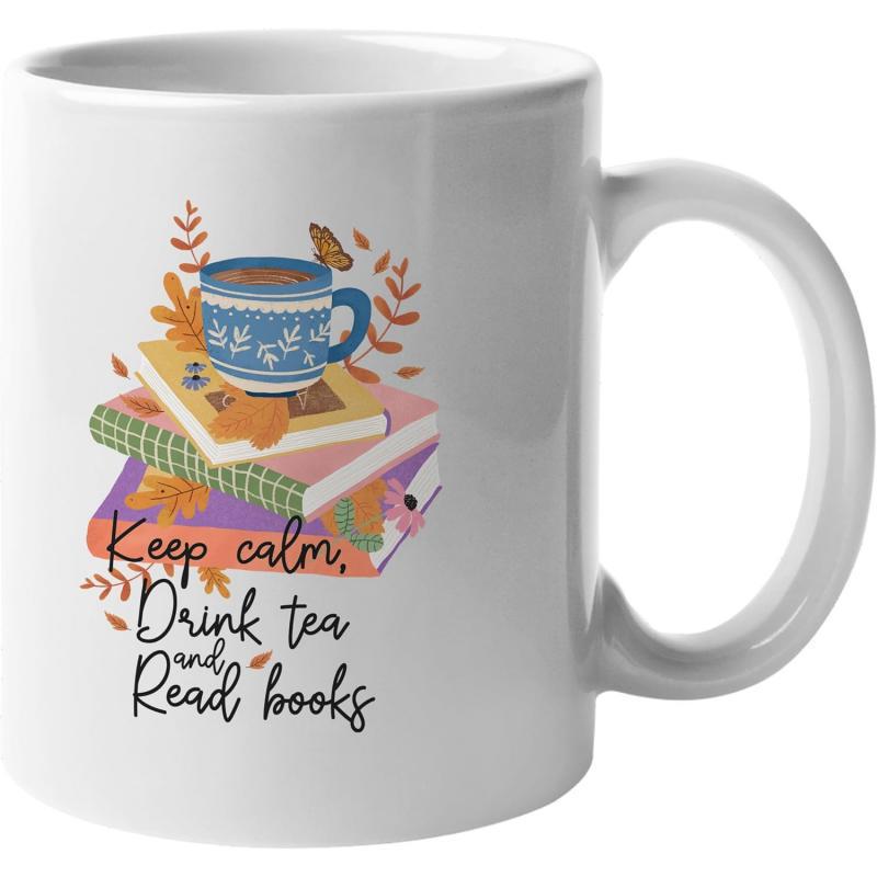 Tailorly White Ceramic 11 oz Mug - Keep Calm Drink Tea And Read Books Cozy Patterned Teacup Resting On A Stack Of Colorful Vintage Books