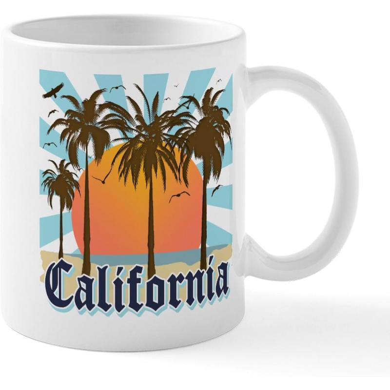 Tailorly White Ceramic 11 oz Mug - California Tropical Sunset Scene With Tall Silhouetted Coastal Trees Palm