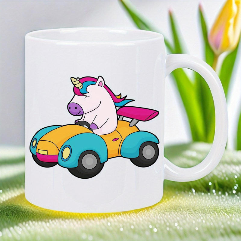 Tailorly White Ceramic 11 oz Mug - Whimsical Cartoon Character Driving A Colorful Racing Car With Rainbow Mane Unicorn