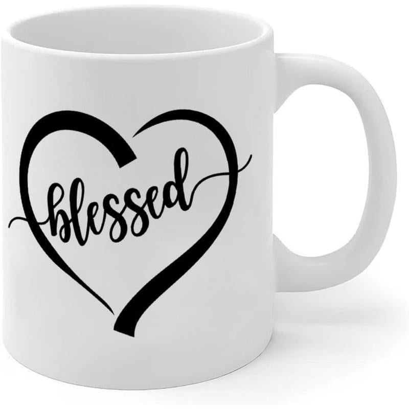 Tailorly White Ceramic 11 oz Mug - Blessed Elegant Minimalist Artistic Hand Drawn Black Stroke Contoured Outline Heart