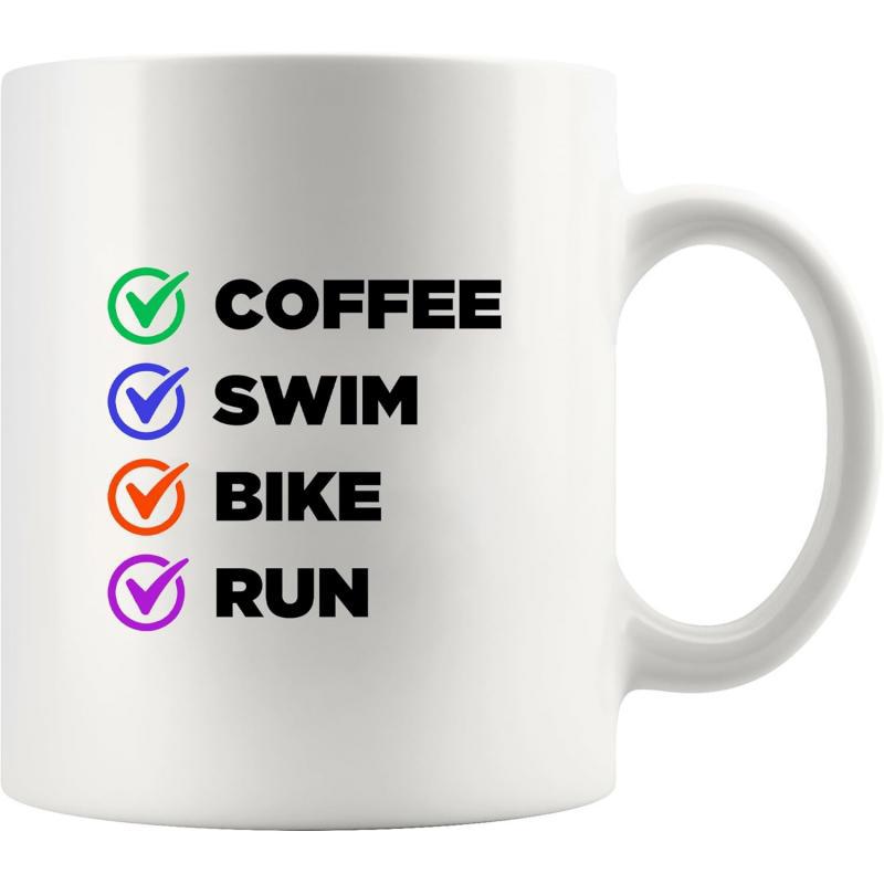 Tailorly White Ceramic 11 oz Mug - Coffee Swim Bike Run Colorful Checkmarks Organized Within A Vertical Lifestyle Routine Design Checklist