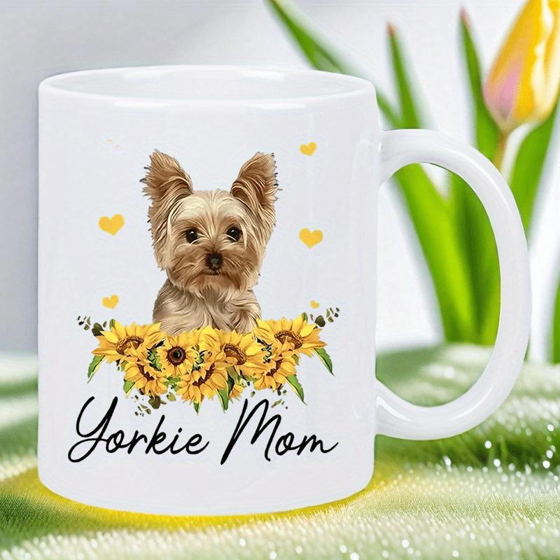 Tailorly White Ceramic 11 oz Mug - Yorkie Mom Adorable Puppy Sitting Among Blooming Sunflowers With Floating Golden Hearts Yorkie