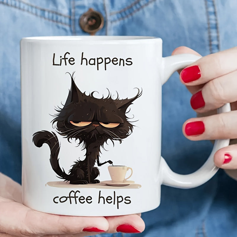 Tailorly White Ceramic 11 oz Mug - Life Happens Coffee Helps Disheveled Grumpy Black Animal Resting Beside A Tiny Morning Beverage Cat