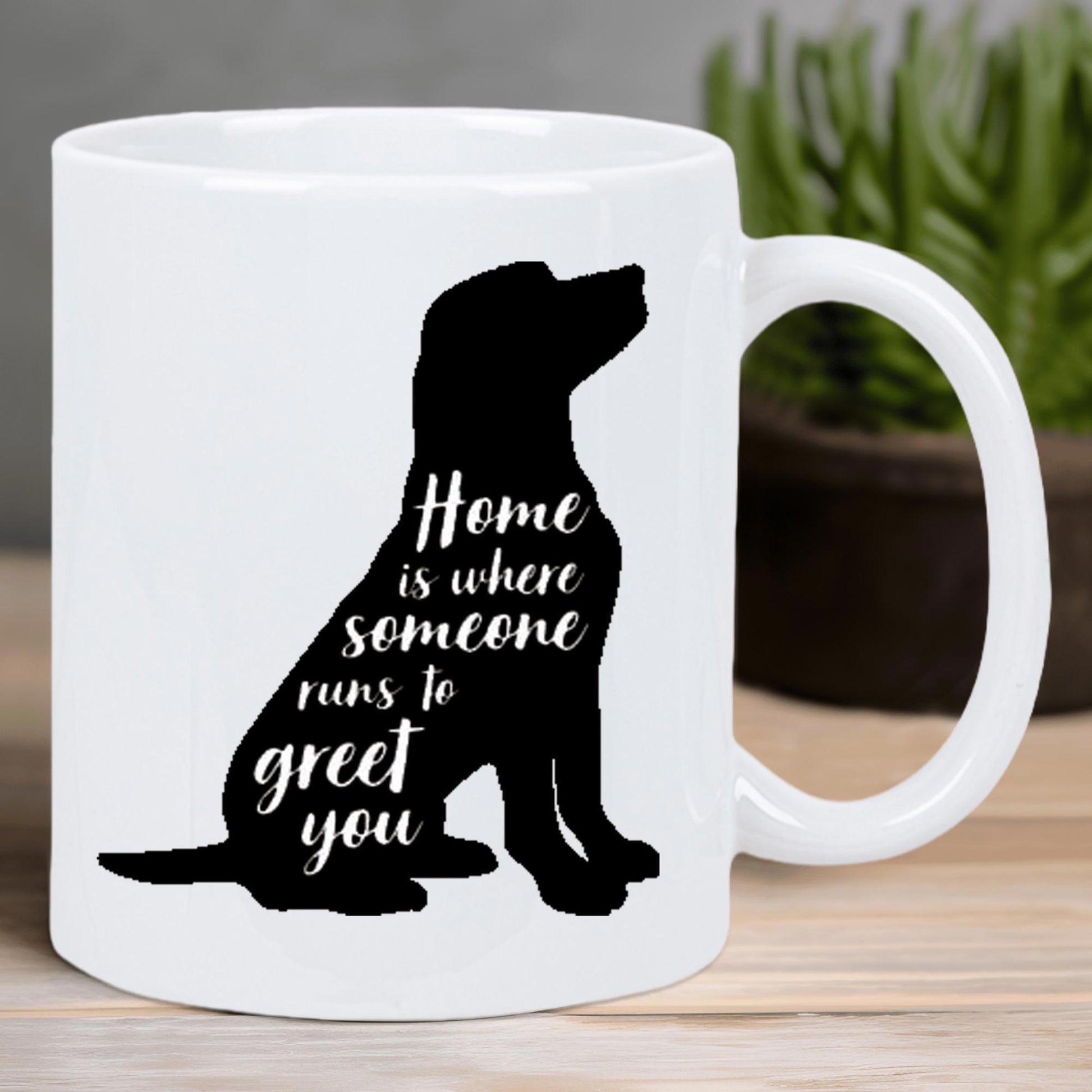 Tailorly White Ceramic 11 oz Mug - Home Is Where Someone Runs To Greet You Elegant Black Silhouette Of A Loyal Labrador Sitting In Quiet Stillness Dog
