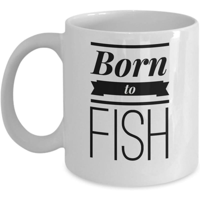 Tailorly White Ceramic 11 oz Mug - Born To Fish Bold Black Minimalist Lettering Featuring Decorative Ribbon Under Simple Horizontal Lines Sign