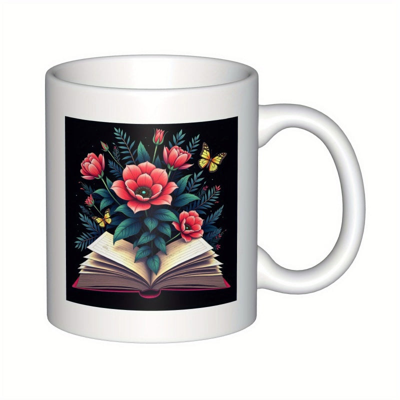 Tailorly White Ceramic 11 oz Mug - Blooming Red Roses And Butterflies Growing Out From An Open Book