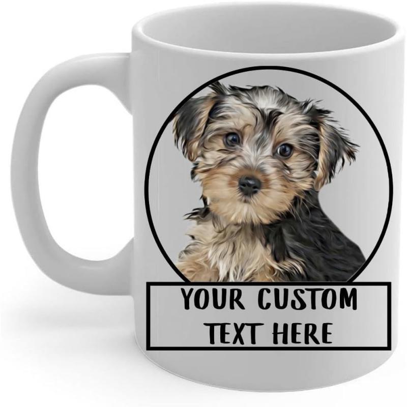 Tailorly White Ceramic 11 oz Mug - Your Custom Text Here Cute Fluffy Puppy Portrait Within A Minimalist Black Circle Puppy
