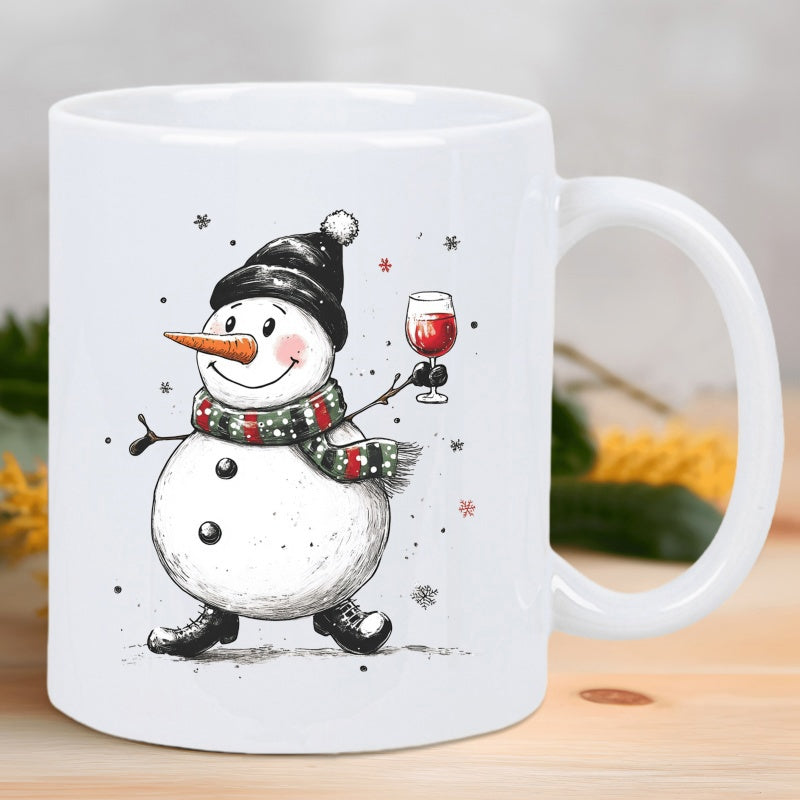 Tailorly White Ceramic 11 oz Mug - Cheerful Winter Character Wearing Festive Scarf And Beanie Holding Wine Glass Snowman