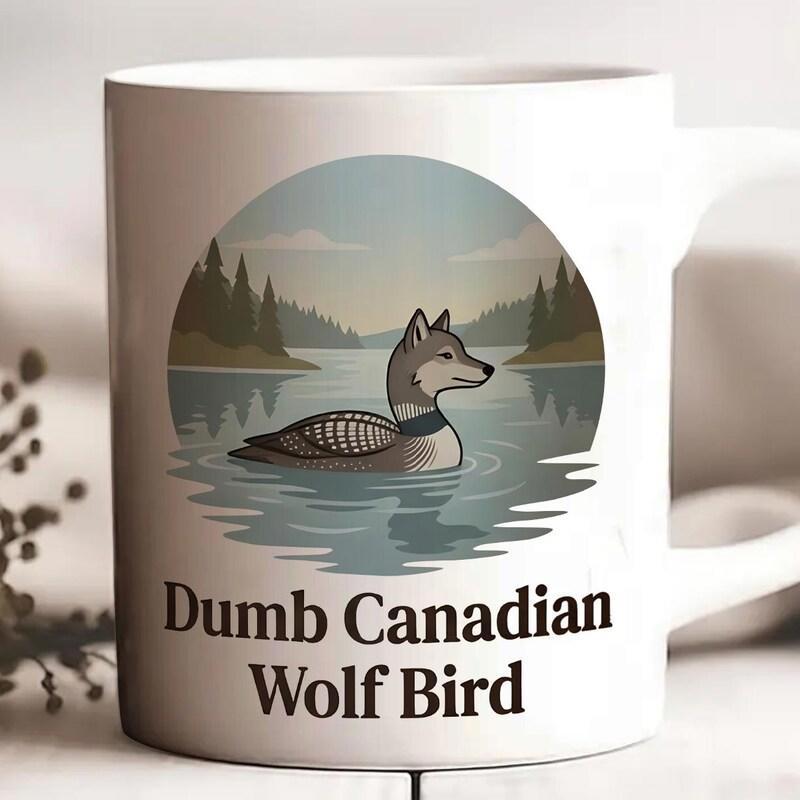 Tailorly White Ceramic 11 oz Mug - Dumb Canadian Wolf Bird Serene Forest Lake Landscape With Hybrid Wolf Headed Swimming Wolf Bird