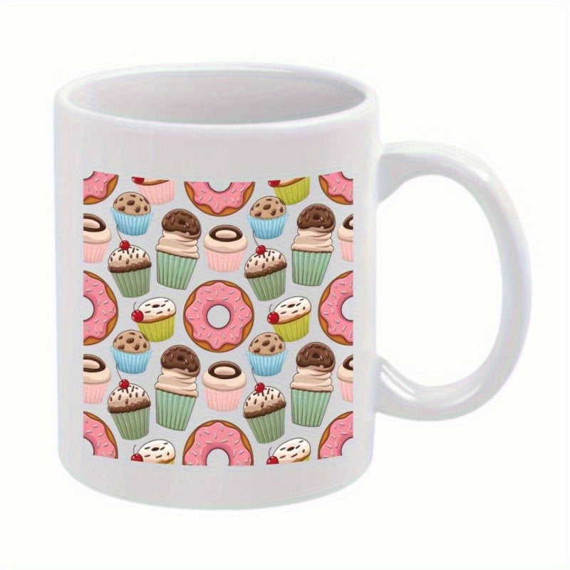 Tailorly White Ceramic 11 oz Mug - Delicious Sweet Treats Featuring Colorful Frosted Donuts And Creamy Decorated Cupcake