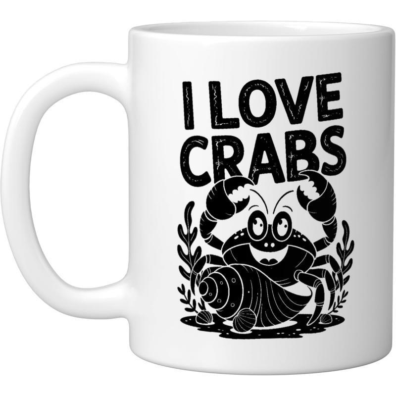 Tailorly White Ceramic 11 oz Mug - I Love Crabs Happy Cartoon Crustacean Holding A Spiral Shell Beside Seaweed Crab