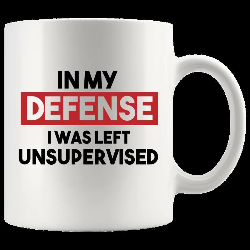 Tailorly White Ceramic 11 oz Mug - In My Defense I Was Left Unsupervised Minimalist White Ceramic Vessel Featuring Bold Black Text And Red Bar Mug