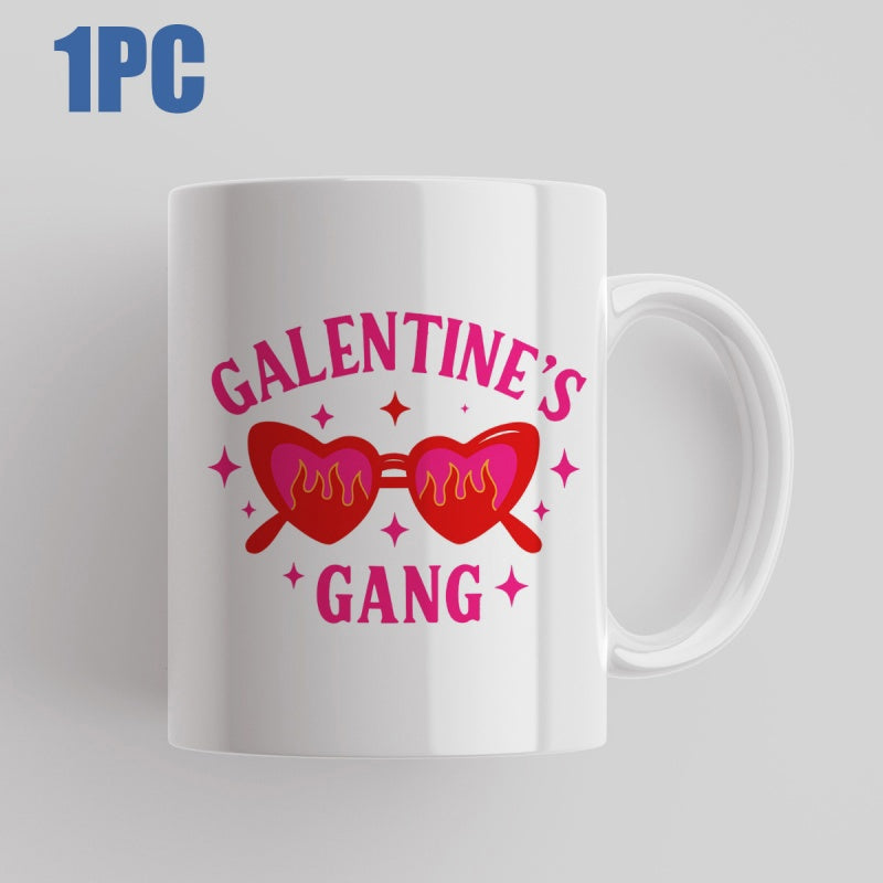 Tailorly White Ceramic 11 oz Mug - Galentines Gang Retro Heart Shaped Sunglasses With Flickering Flames And Glowing Stars Sunglasses